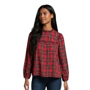 J.Crew Red Stewart Tartan Plaid Ruffle Shoulder Blouse Festive Women’s XXS.    Y